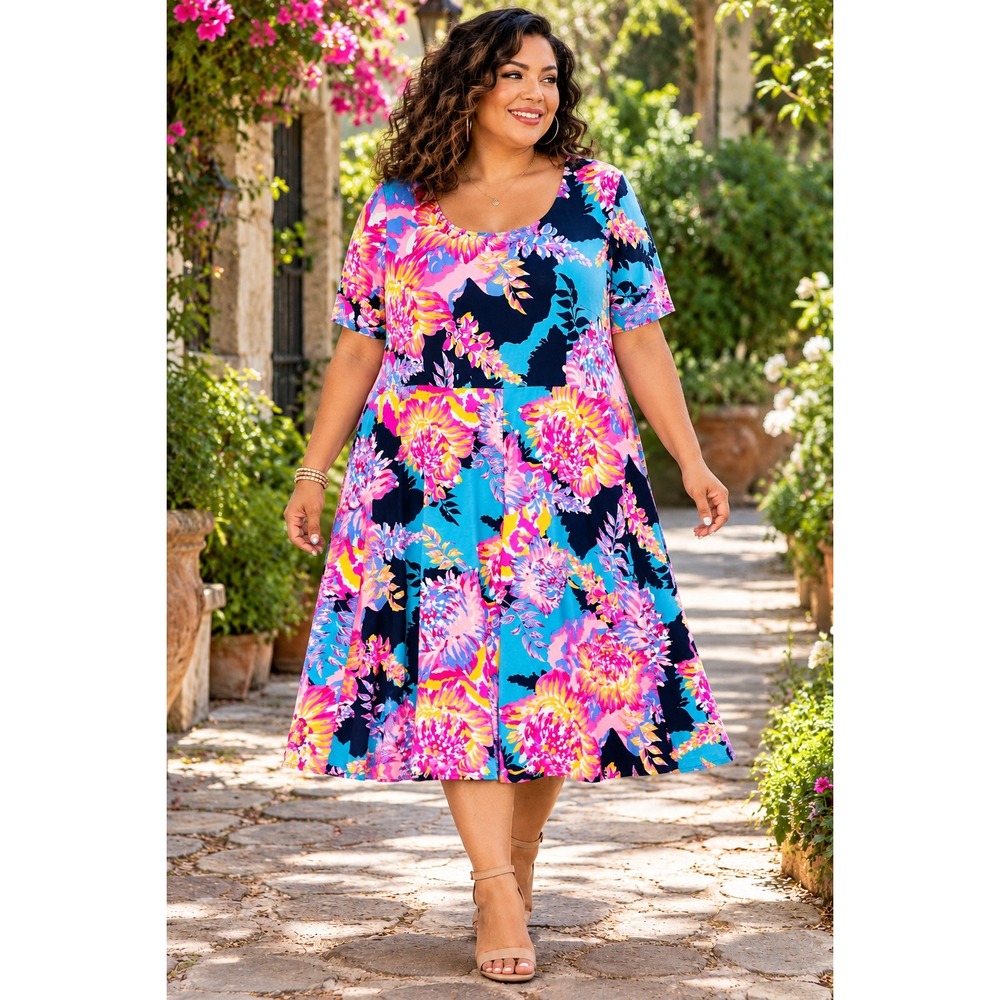 MSK Womans 3X Maxi Dress Floral Tropical Short Sleeve Boho Stretch